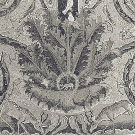 Les plantes et les sources naissent aux pieds de la croix, et les cerfs s’abreuvent aux eaux de la vie (mosaïque de Saint-Clément, Rome, détail)